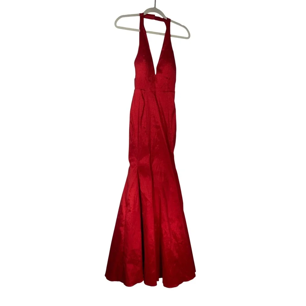 Red Halter Mermaid Formal Gown Dress V-Neck Open Back Tulle Crinoline Size M